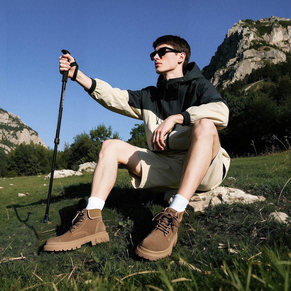 Suede Turnover Cuff High Top Chunky Sole Work Boots Model Sitting Shot