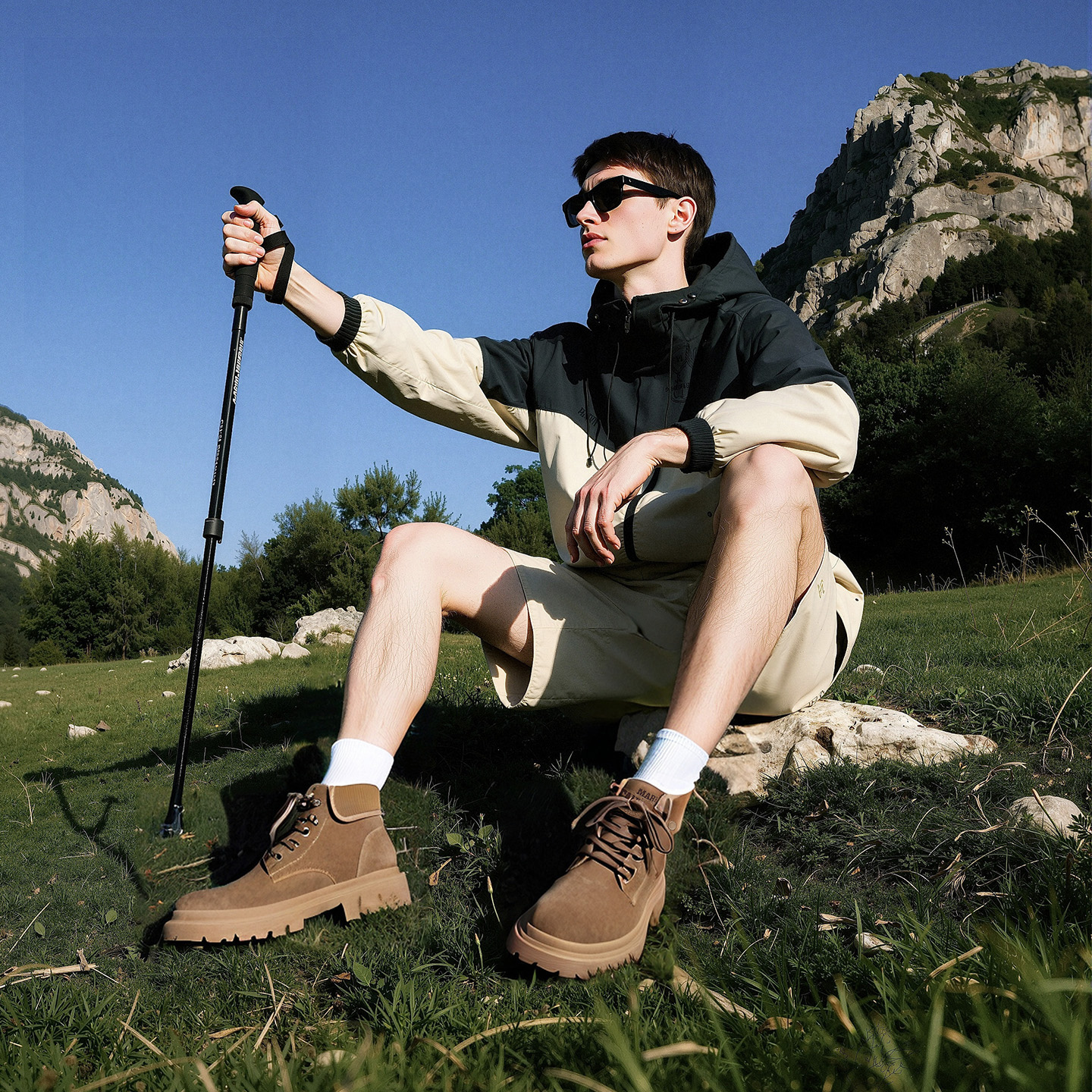 Suede Turnover Cuff High Top Chunky Sole Work Boots Model Sitting Shot