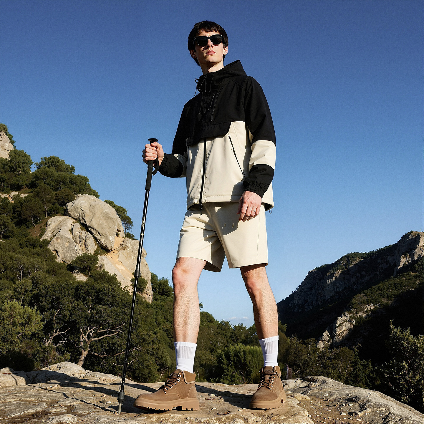 Suede Turnover Cuff High Top Chunky Sole Work Boots Model Standing Shot