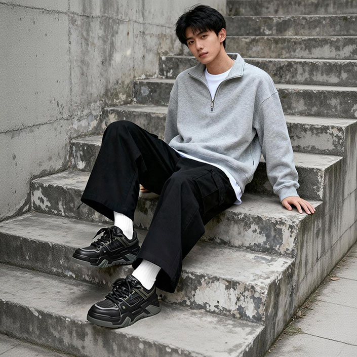 Woven Spatchwork Textured Leather Platform Sneakers with Contrast Trim - Image 6