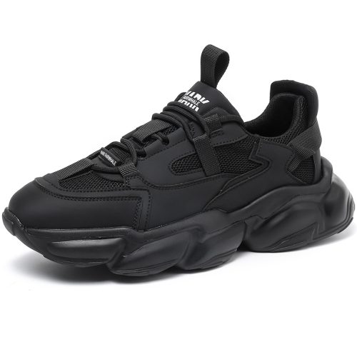 All Black Chunky Sole Dad Sneakers with Mesh Panels and Utility Strap Design