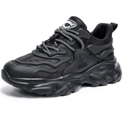 All Black Chunky Wave Sole Dad Sneakers with Woven Laces