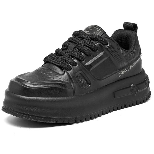 Black Chunky Sole Sneakers with Woven Laces and Tactical Textured Accents