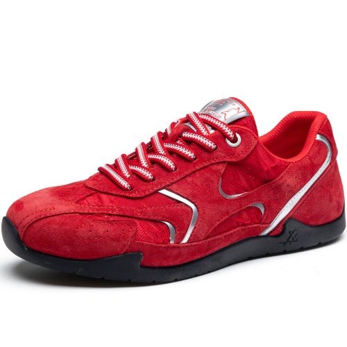 Breathable Red Suede Skate Shoes with Metallic Accents and Braided Laces