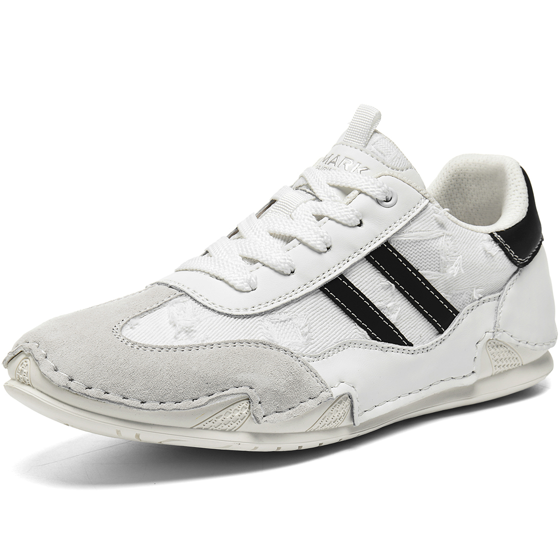 Distressed Two Stripes Faux Leather Mesh Panelled German Trainers with Suede Toe - Image 2