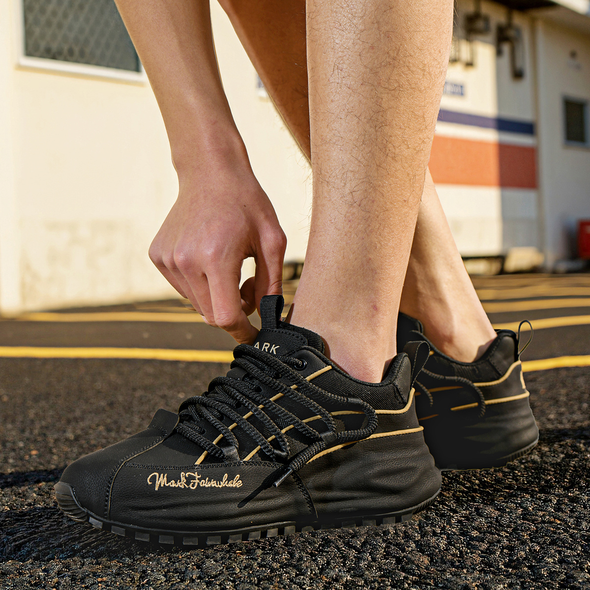 Dual Laces Leather and Fabric Paneled Chunky Sneakers with Printed Letters - Image 10