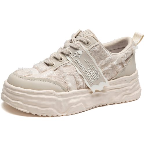 Leather Panel Chunky Skate Shoes with Stitching Frayed Edges and Decorative Trim