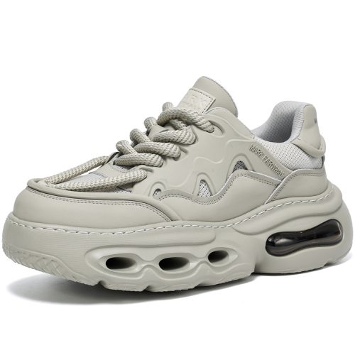 Mens Gray Hollow Sole Air Cushion Mesh Chunky Sneakers