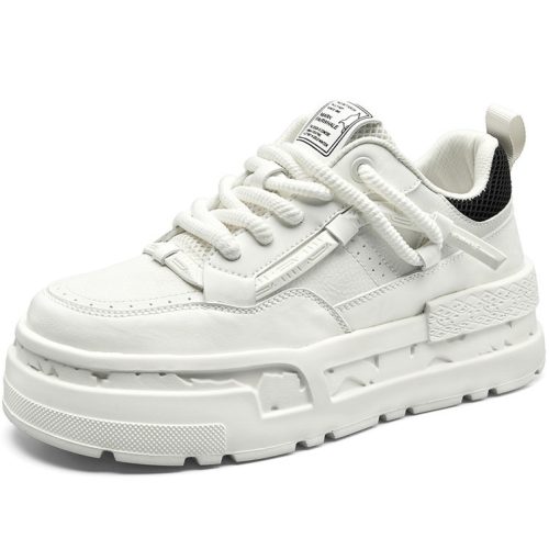 Mens Leather Black Collar Three Dimensional Carved Sole Platform Skate Shoes