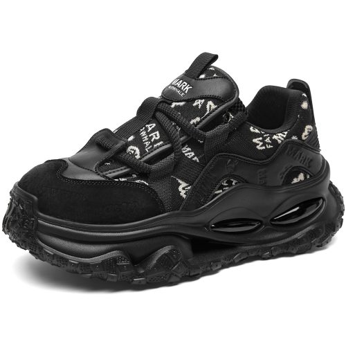 Mens Letter Print Mesh Suede Chunky Sneakers with Hollow Outsole and Air Cushion