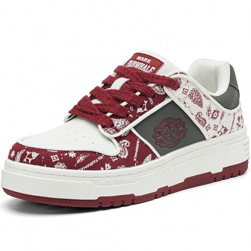 Mens Paisley Pattern Leather Skate Shoes with Denim Texture Overlays