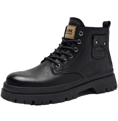 Mens Solid Color Retro Leather Boots with Side Pockets Decoration