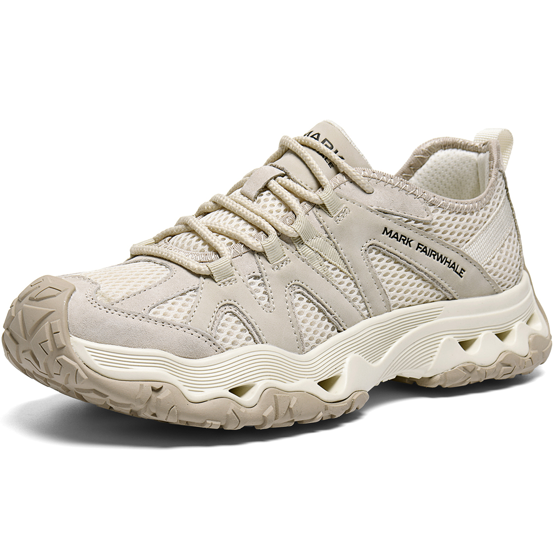 Mens Streamlined Leather Overlays Mesh Platform Sneakers with Wavy Outsole