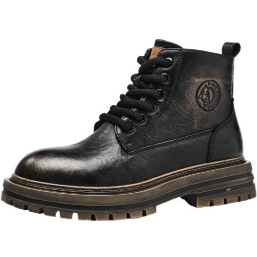 Mens Vintage Distressed Leather Chunky Work Boots with Side Zipper