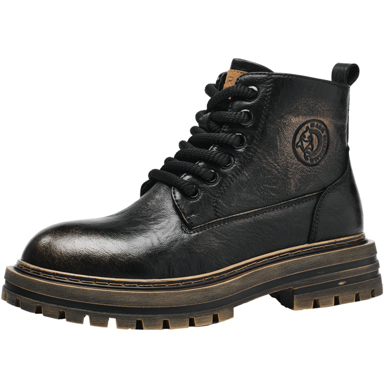 Mens Vintage Distressed Leather Chunky Work Boots with Side Zipper