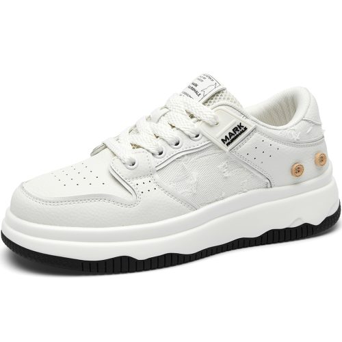 Mens White Plus Black Textile and Leather Blocking Breathable Skate Shoes