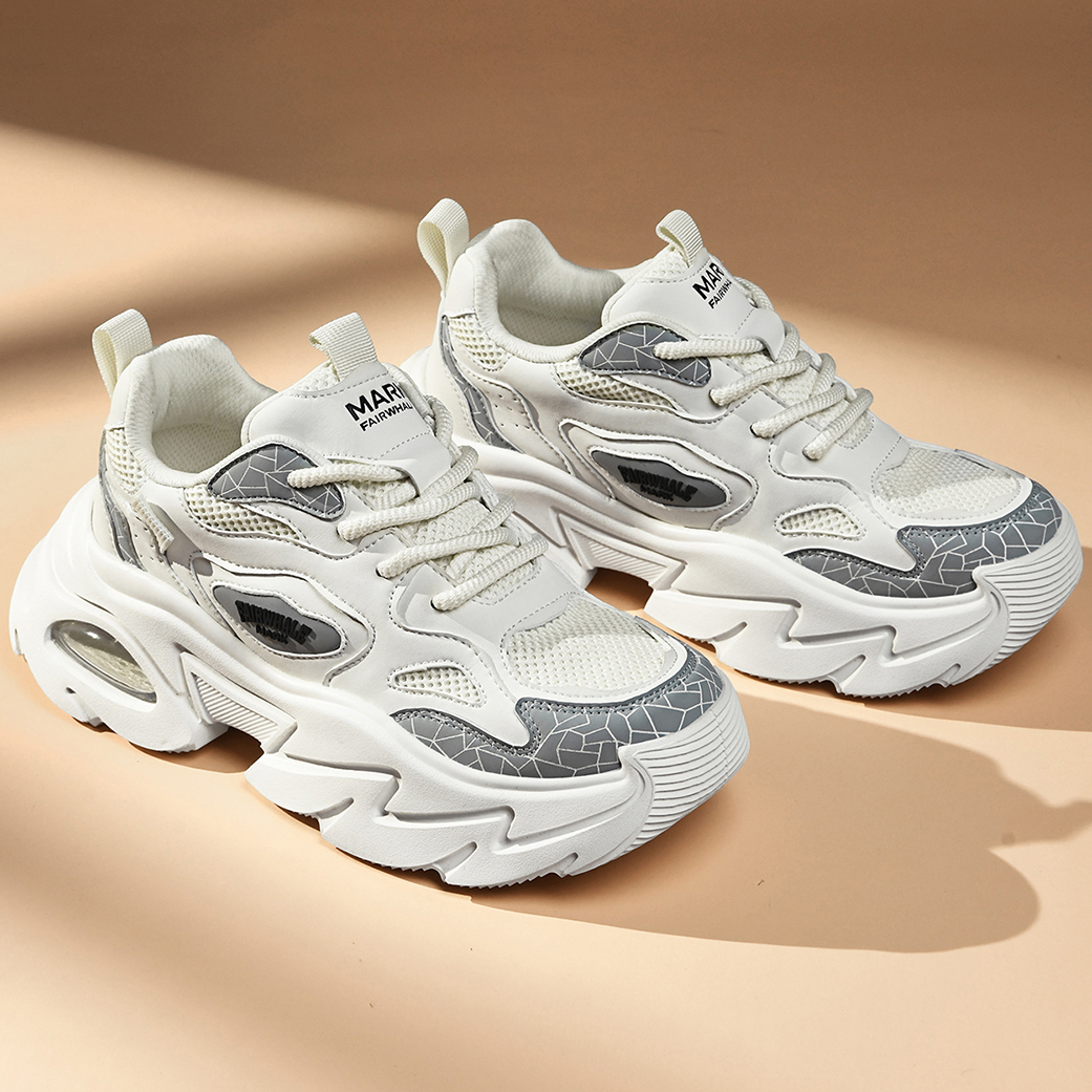 Mesh Block Leather Breathable Chunky Platform Sneakers with Air Cushion - Image 7