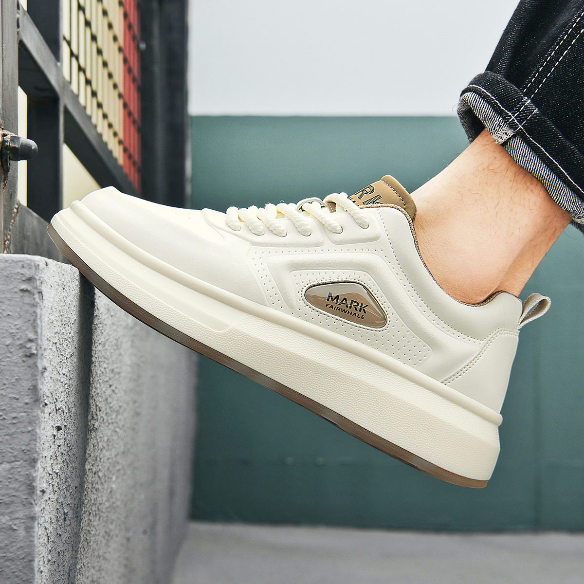 Synthetic Leather Platform White Shoes with Perforated Panels and Branded Badge - Image 8