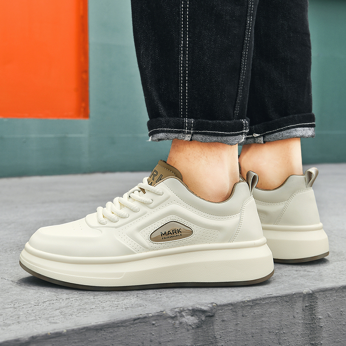 Synthetic Leather Platform White Shoes with Perforated Panels and Branded Badge - Image 7