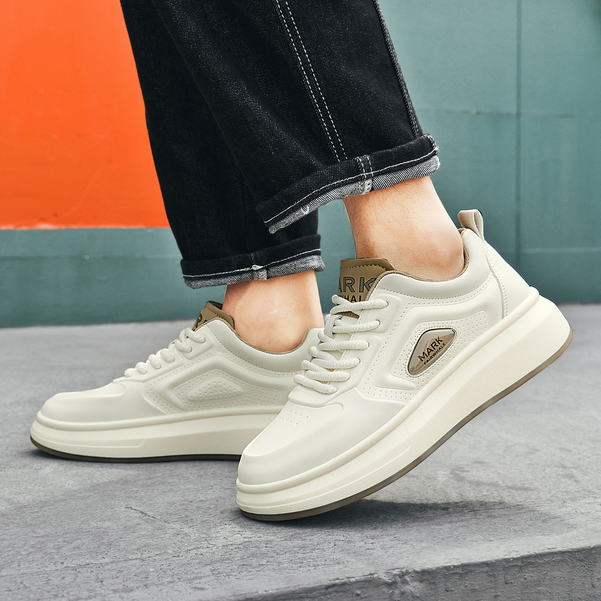 Synthetic Leather Platform White Shoes with Perforated Panels and Branded Badge - Image 6