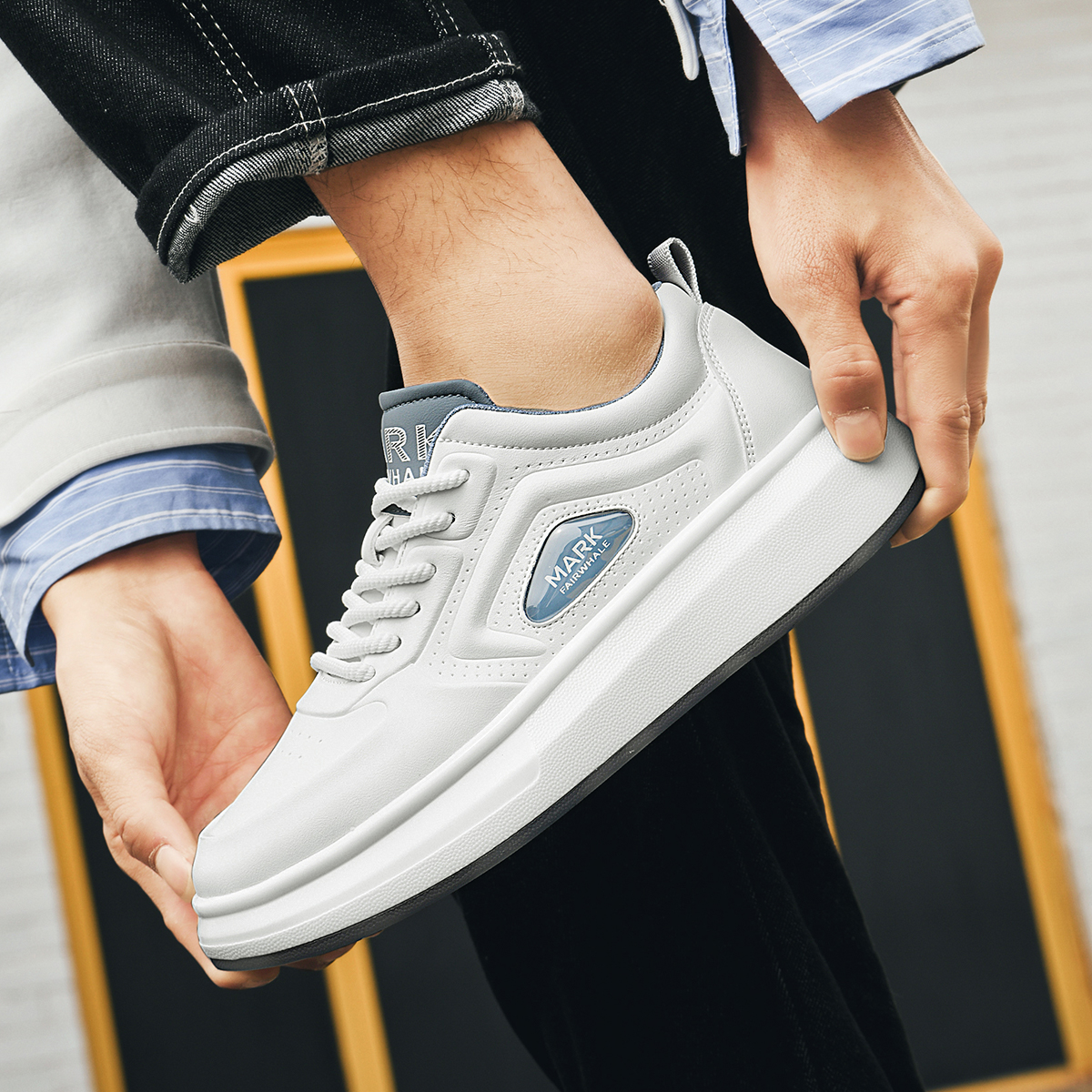 Synthetic Leather Platform White Shoes with Perforated Panels and Branded Badge - Image 5