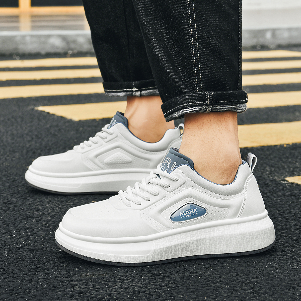 Synthetic Leather Platform White Shoes with Perforated Panels and Branded Badge - Image 4