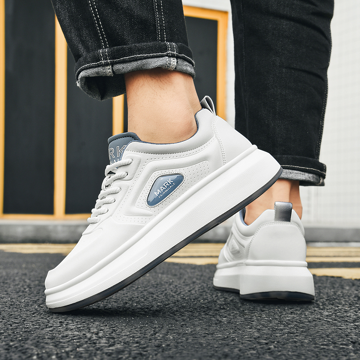 Synthetic Leather Platform White Shoes with Perforated Panels and Branded Badge - Image 3