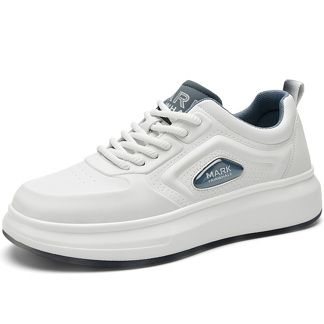Synthetic Leather Platform White Shoes with Perforated Panels and Branded Badge - Image 2