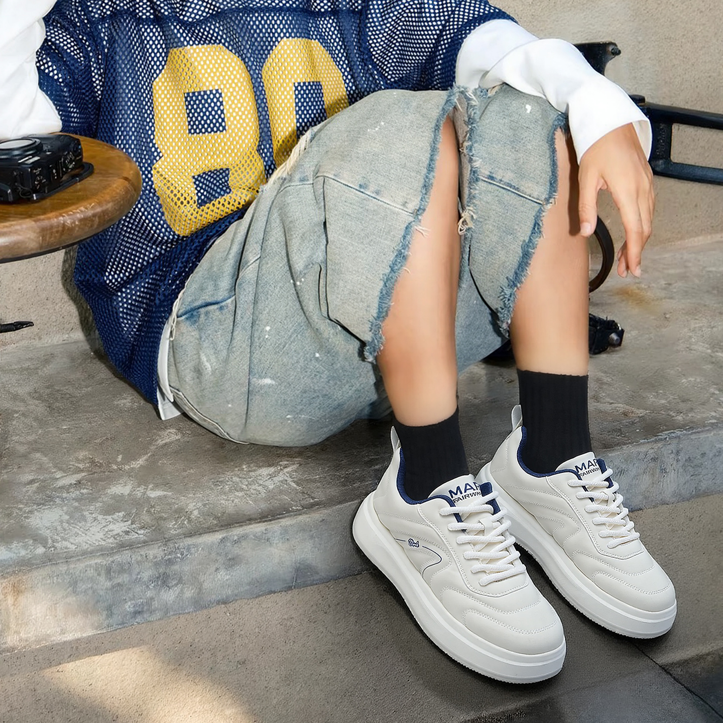 Synthetic Leather Stitched Chunky Platform White Shoes - Image 3