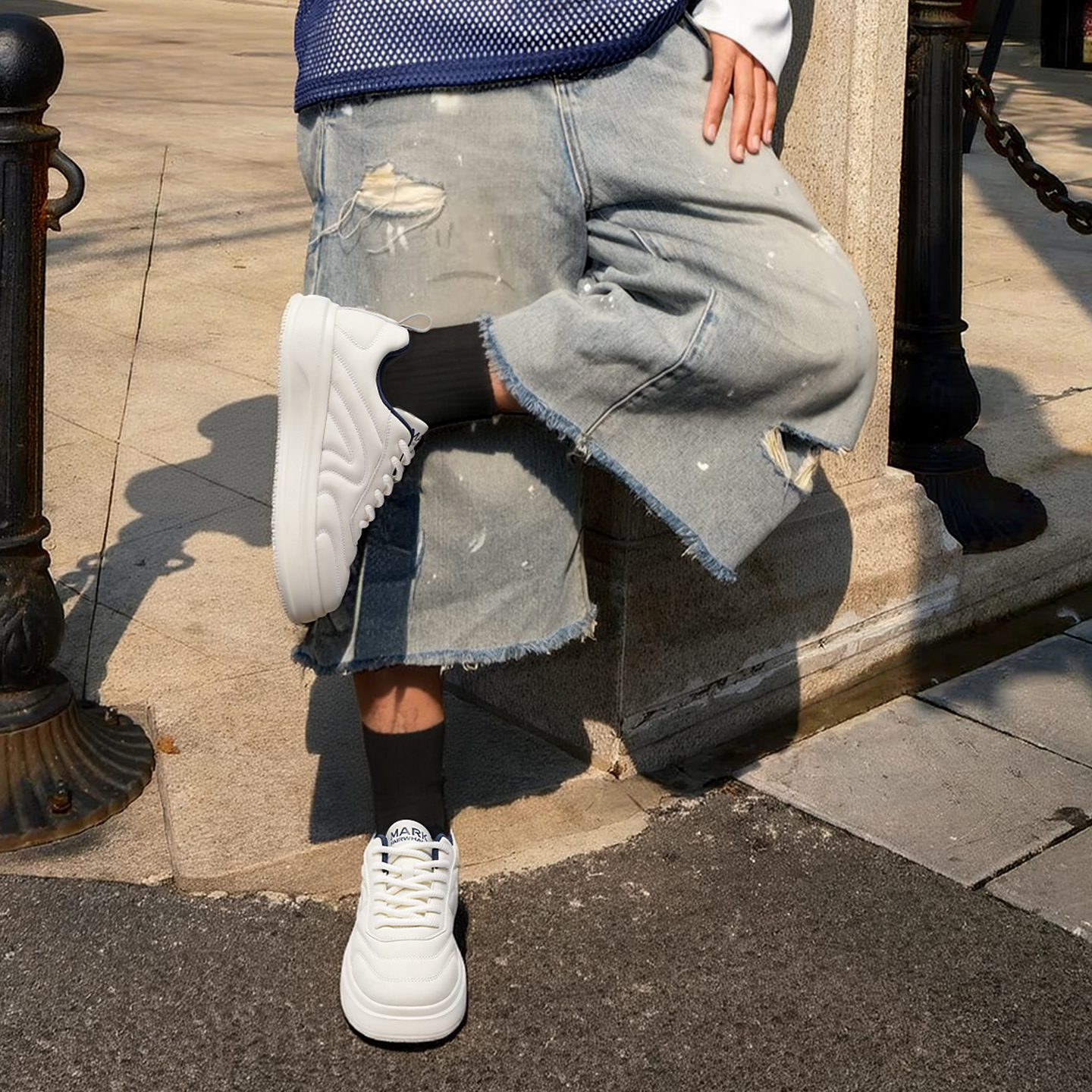 Synthetic Leather Stitched Chunky Platform White Shoes - Image 2