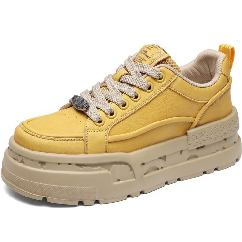 Minimalist Leather Sneakers with Metal Eyelet Buckle and Chunky Carved Sole